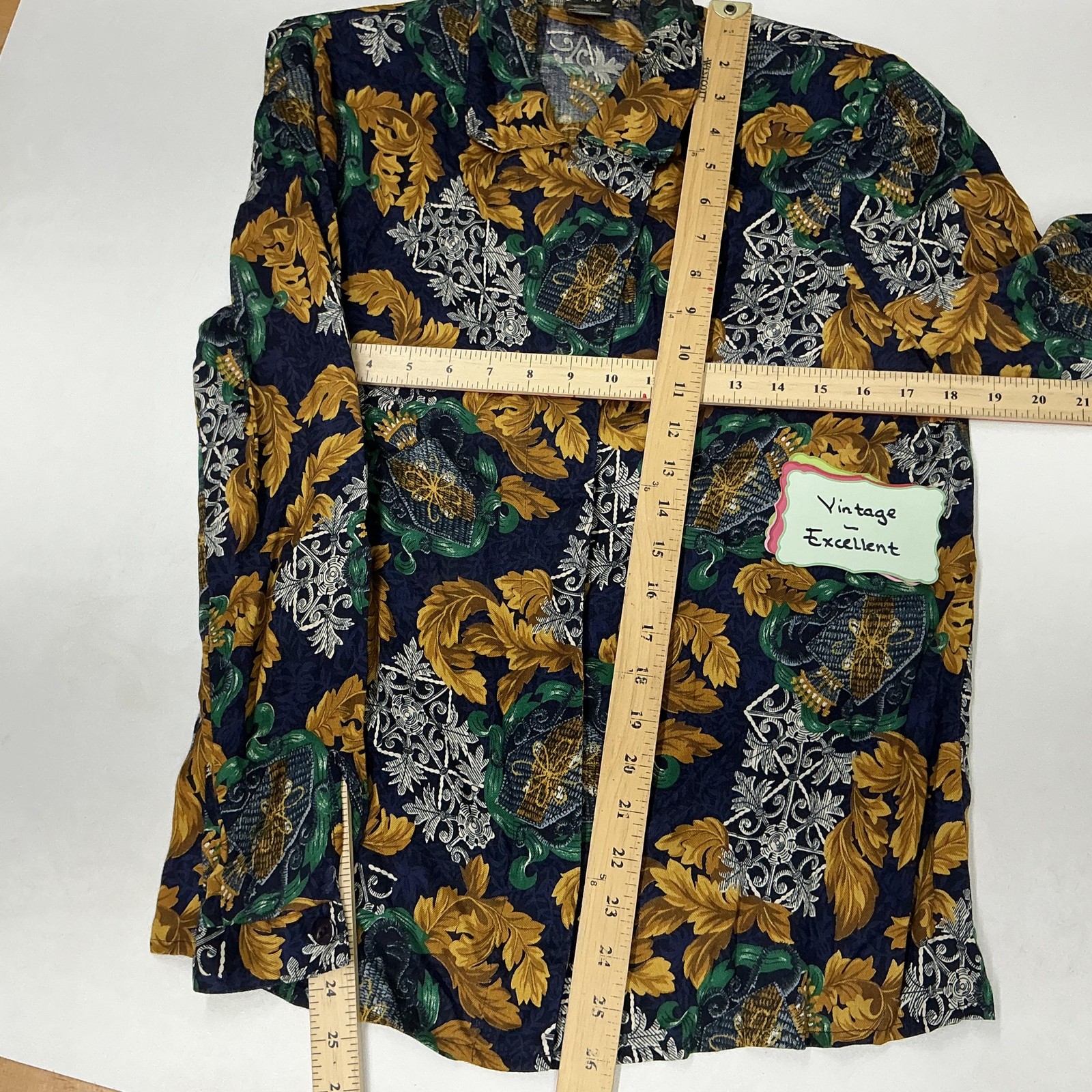 Vtg Panther Blouse Skirt Set Womens sz 12 Blue Gold Floral Button USA Top