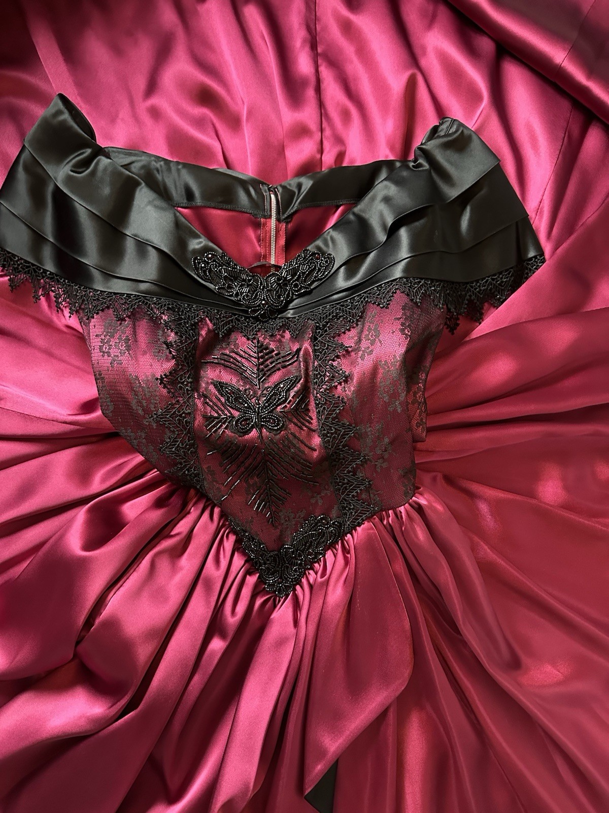 Gorgeous Vintage Burgundy & Black Evening Gown W/Hand Sewn Beading/Corset bodice