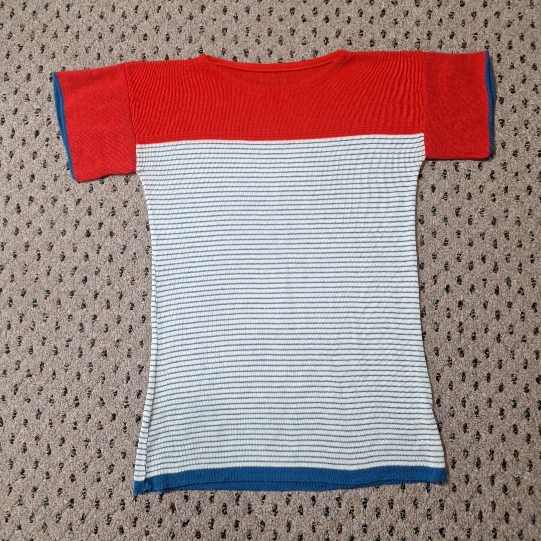 Vtg 70’s Womens Stripped Red Blue Knit Short Sleeve Top Large