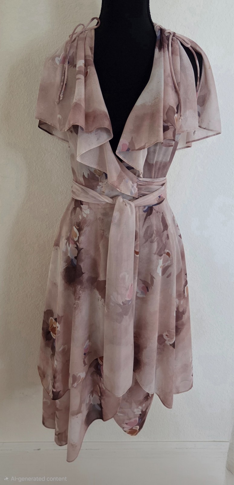 Vintage 1970’s Joseph Magnin Floral Wrap Layered Dress with Tie Cap Sleeves