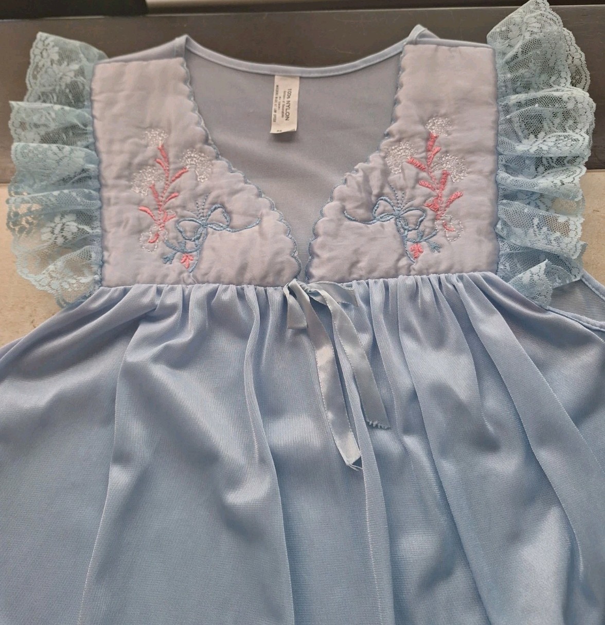 VTG Paramount Underwear Co Nylon Nightgown M Blue Lace&Floral Details Coquette