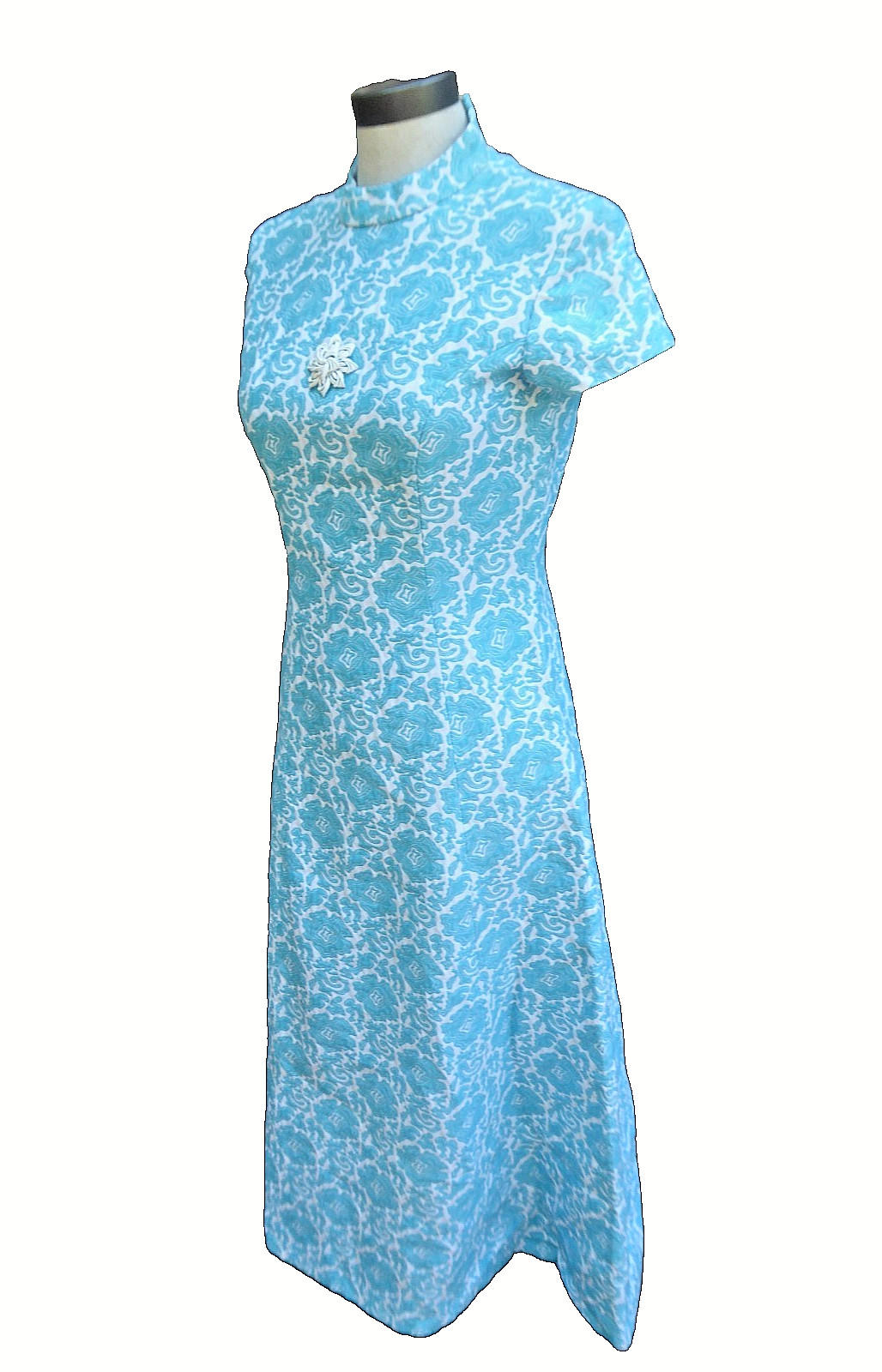Vintage 1960s 1970s Heavy Matelasse Mock Neck Maxi Dress Blue White Hostess Gown