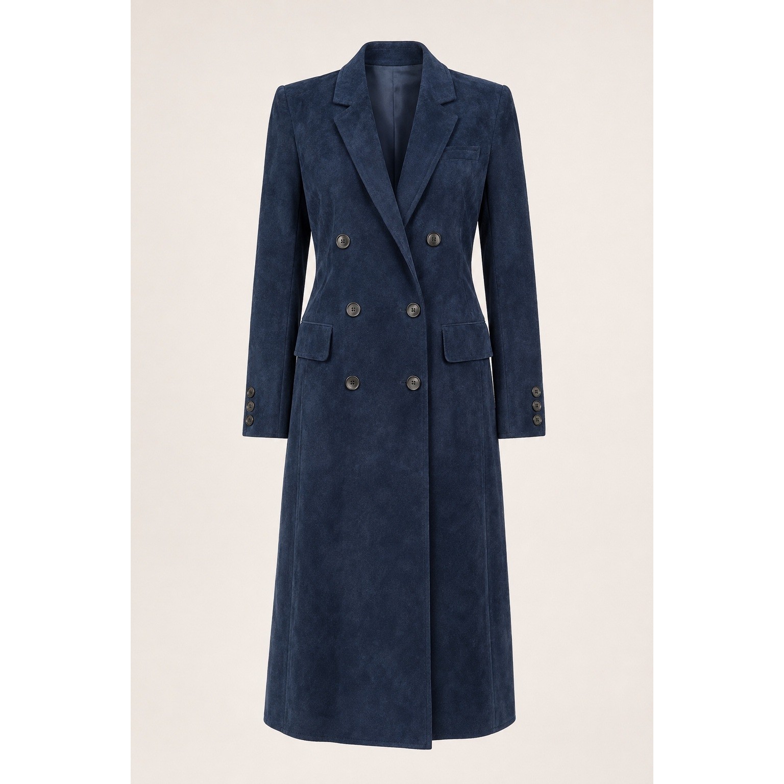 Vintage Navy Suede Leather Maxi Coat Women’s Size M Double Breasted Long Trench