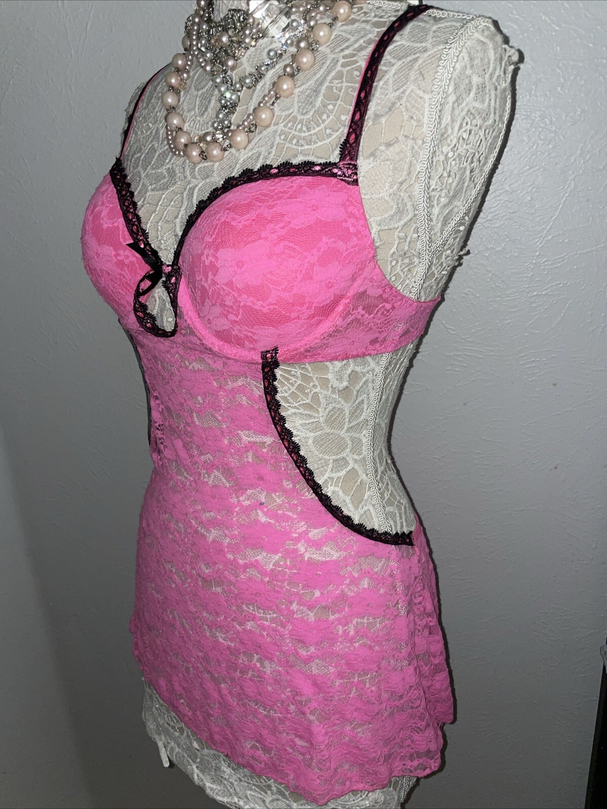 Pink Maid Womans L NIGHTIE LINGERIE Push Up Bra Open Sides Skirted Lace Cosplay