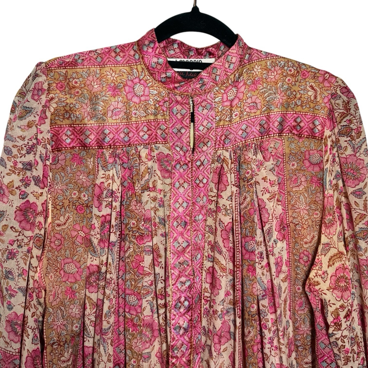 70s Vintage Ritu Kumar Judith Ann I Magnin Pink Silk Block Printed Boho Dress S