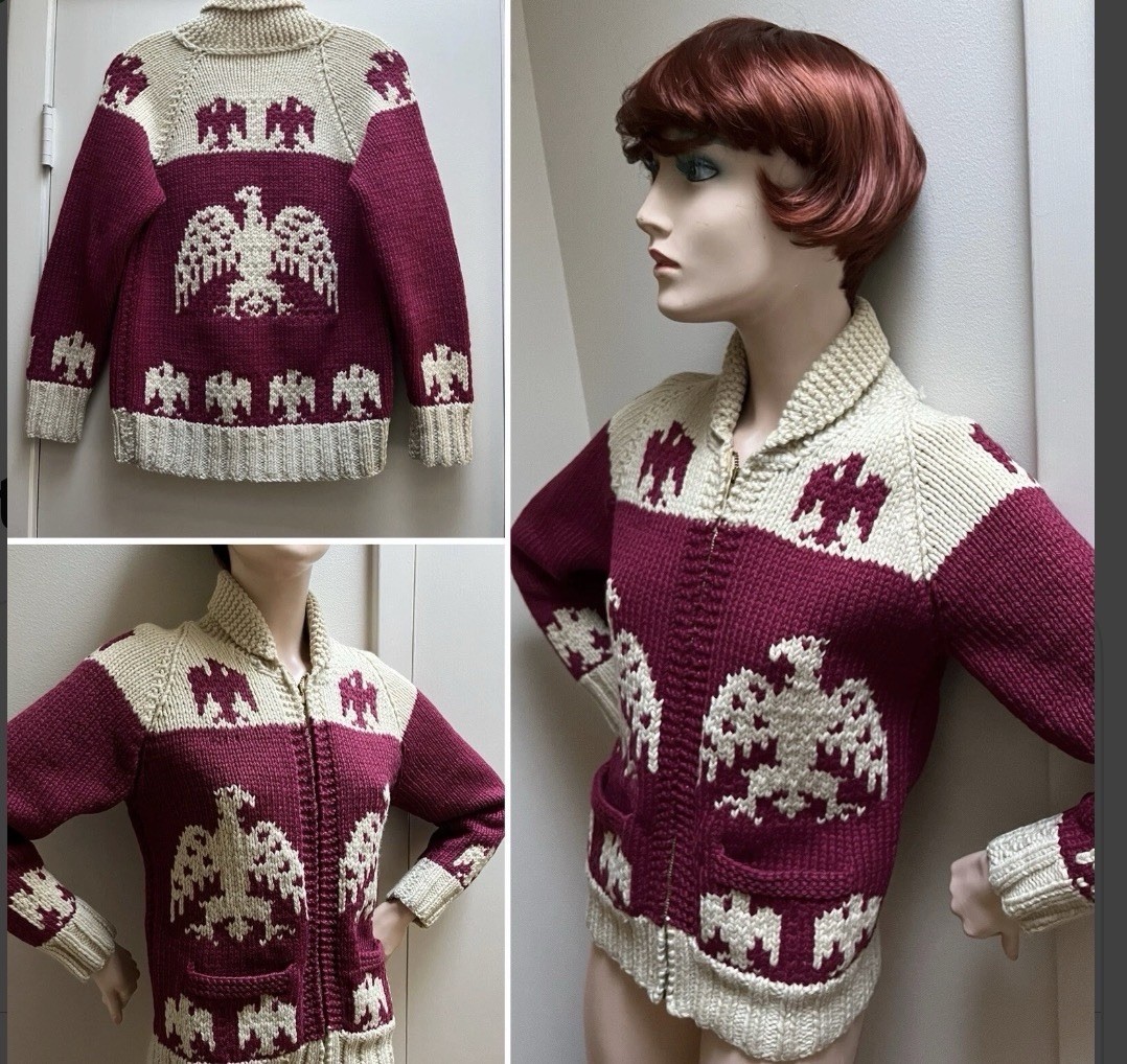 Vtg Sweater Cowichan Cardigan 1950’s -1960’s Metal Zipper Eagle Wool ! SM