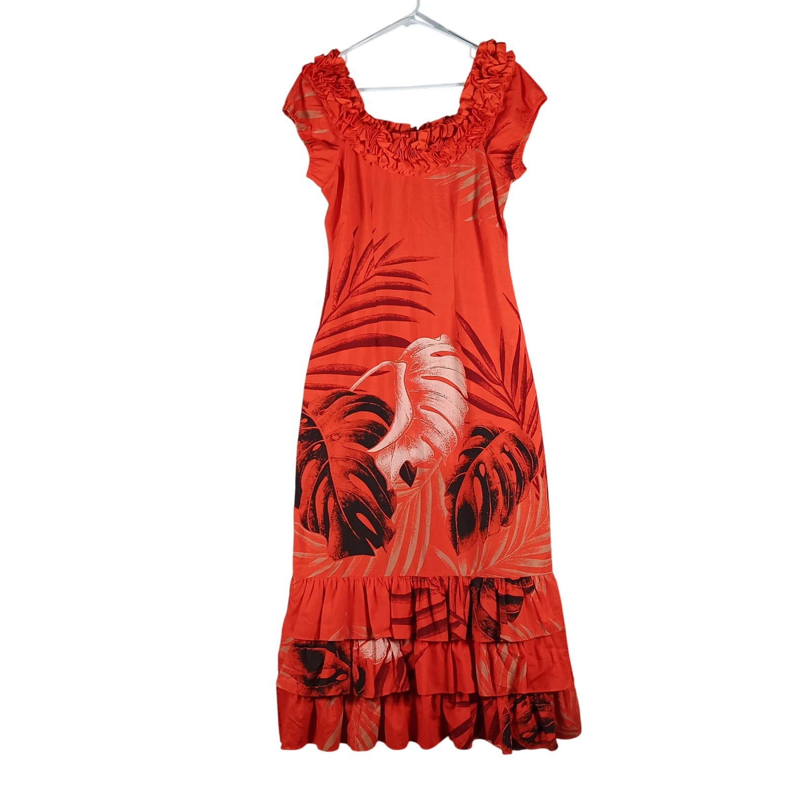 T&L Muumuu Factory Hawaii Dress Size Small Orange Tropical Ruffle Maxi Tiki VTG