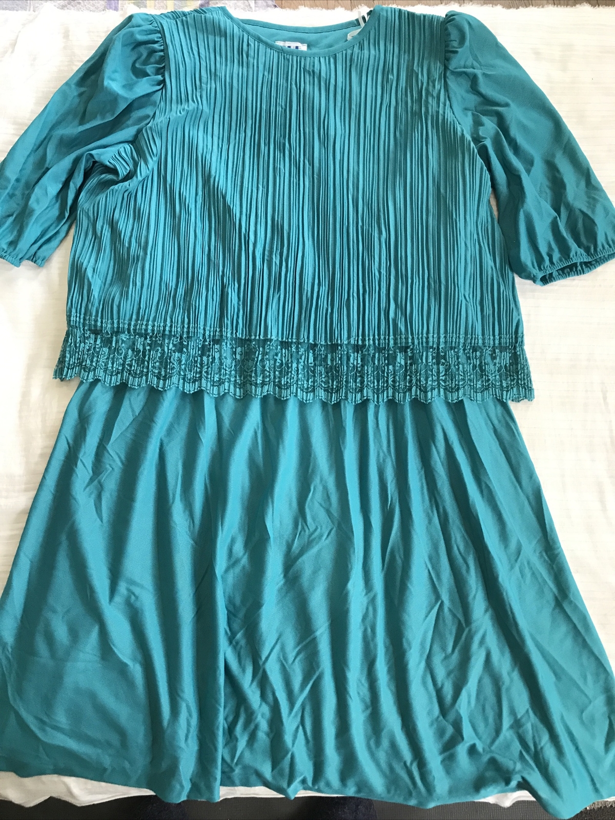 Vintage CUE Fashions ladies turquoise pullover mock 2pc dress Plus 24w. USA made