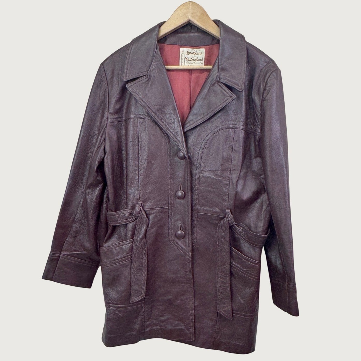 New England Sportswear Leather Jacket Burgundy Brown Vintage 70s Belted Coat USA