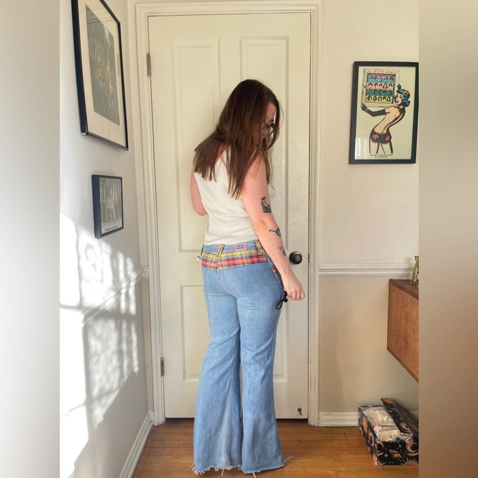 70s Vintage Faded Glory Light Wash Bell Bottoms w. Plaid Detailing