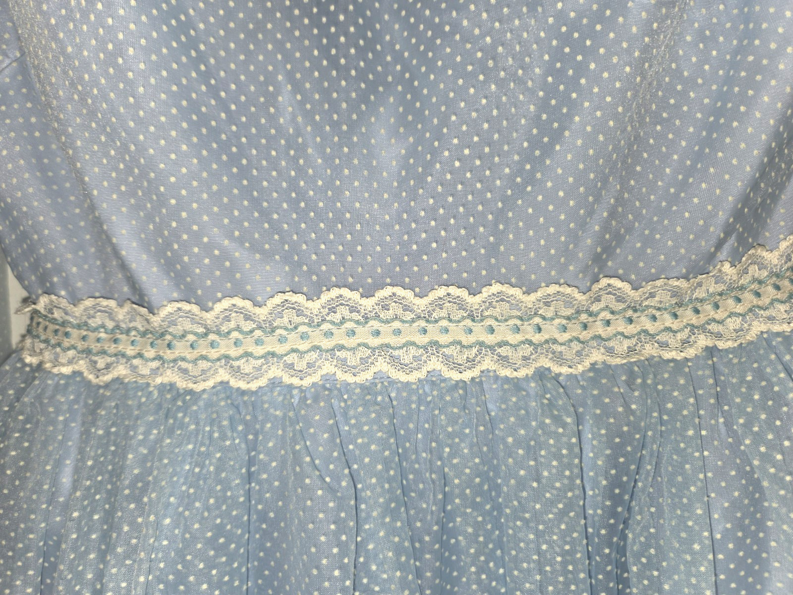 VTG Handmade Blue Flocked Dotted Swiss Dot Maxi Dress Prairie Cottagecore Small