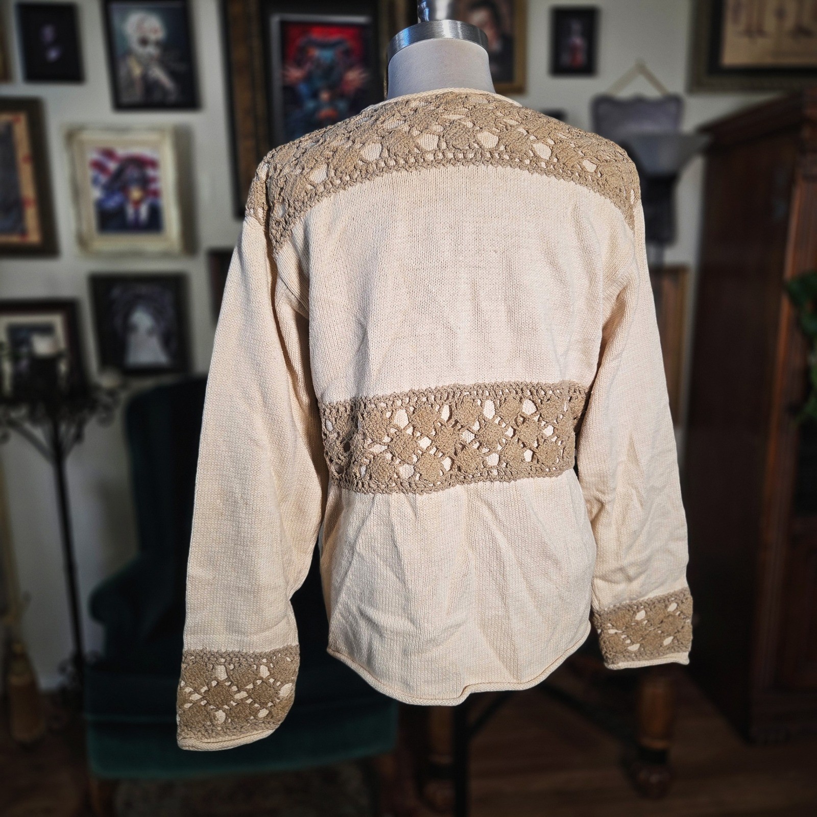 Vintage 90s BellePointe Embroidered Garden Crochet Cardigan Knit Plant Sweater
