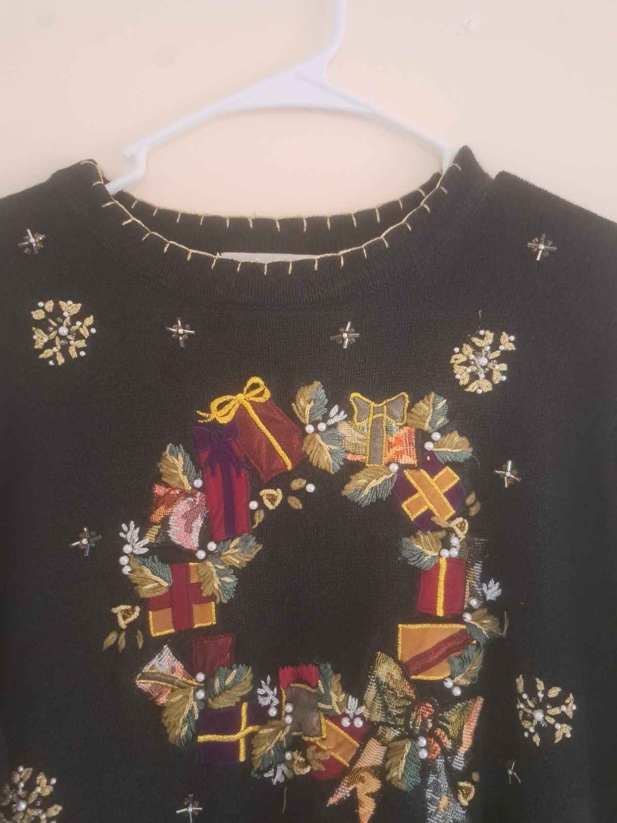 Victoria Jones Womens Black Wreath Beaded Sweater Size Medium