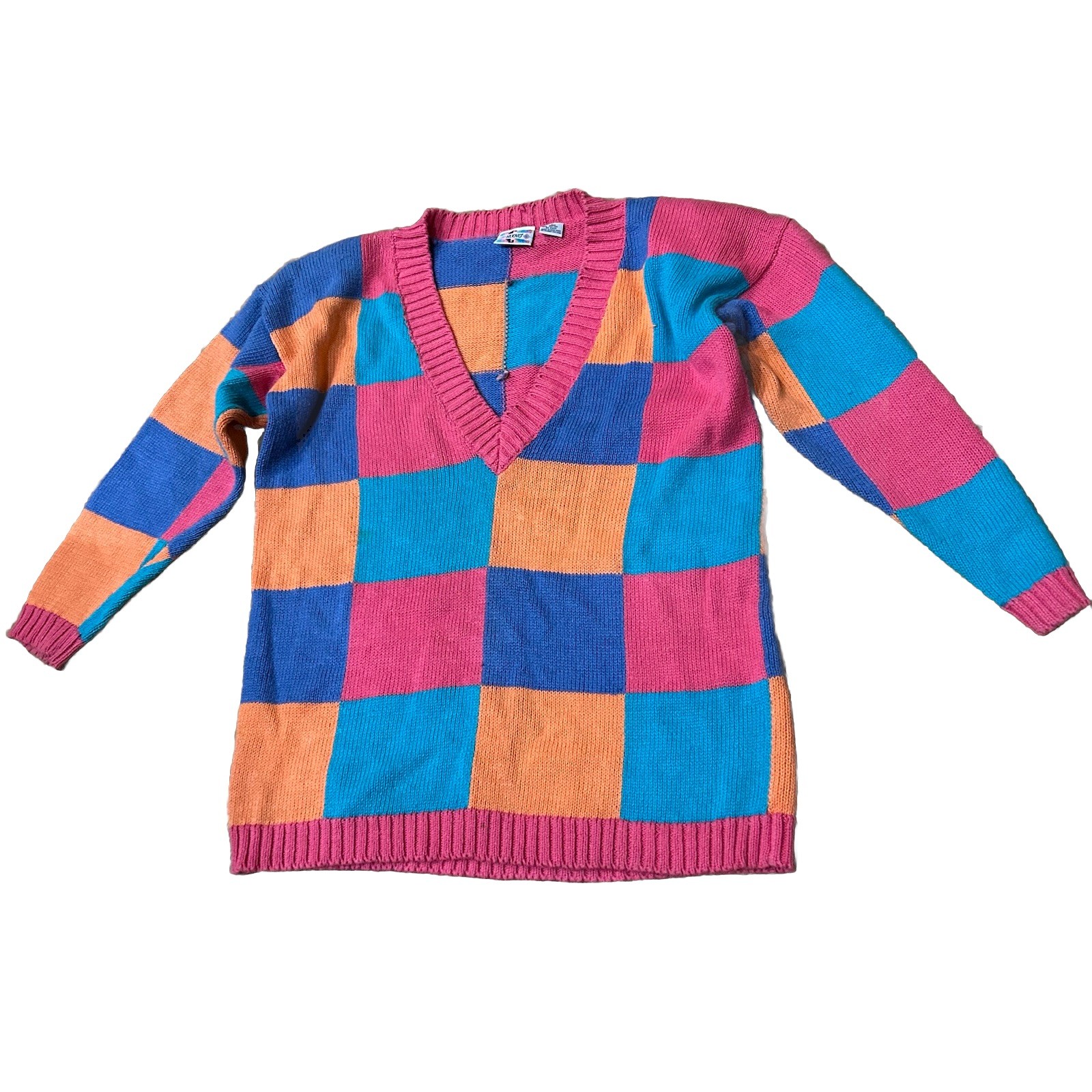 Vintage Pink Colorblock Sweater Ramie Cotton Bright Checkerboard 80s 90s