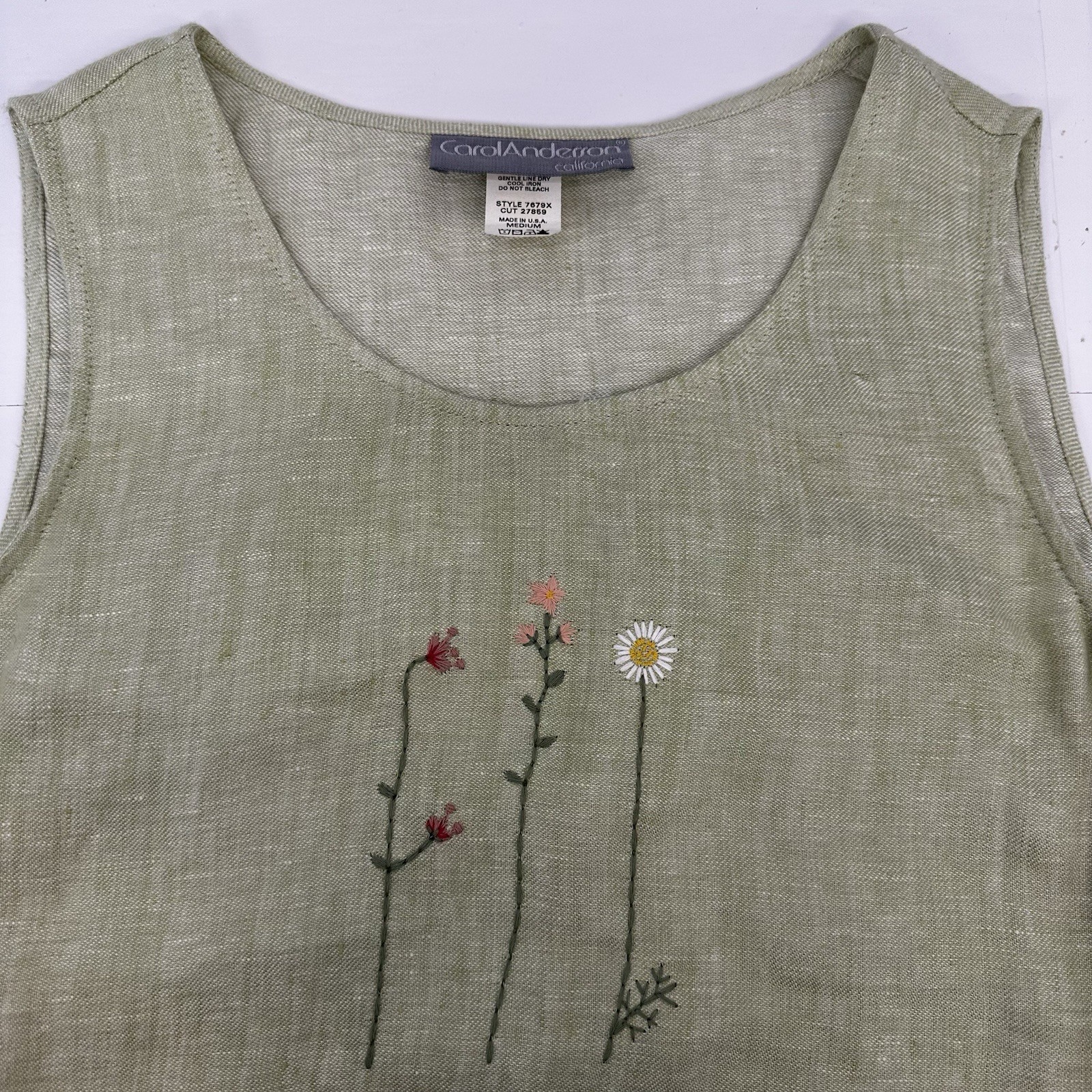 VTG CarolAnderson Linen Green Embroidered Dress USA Cottagecore Prairie M READ