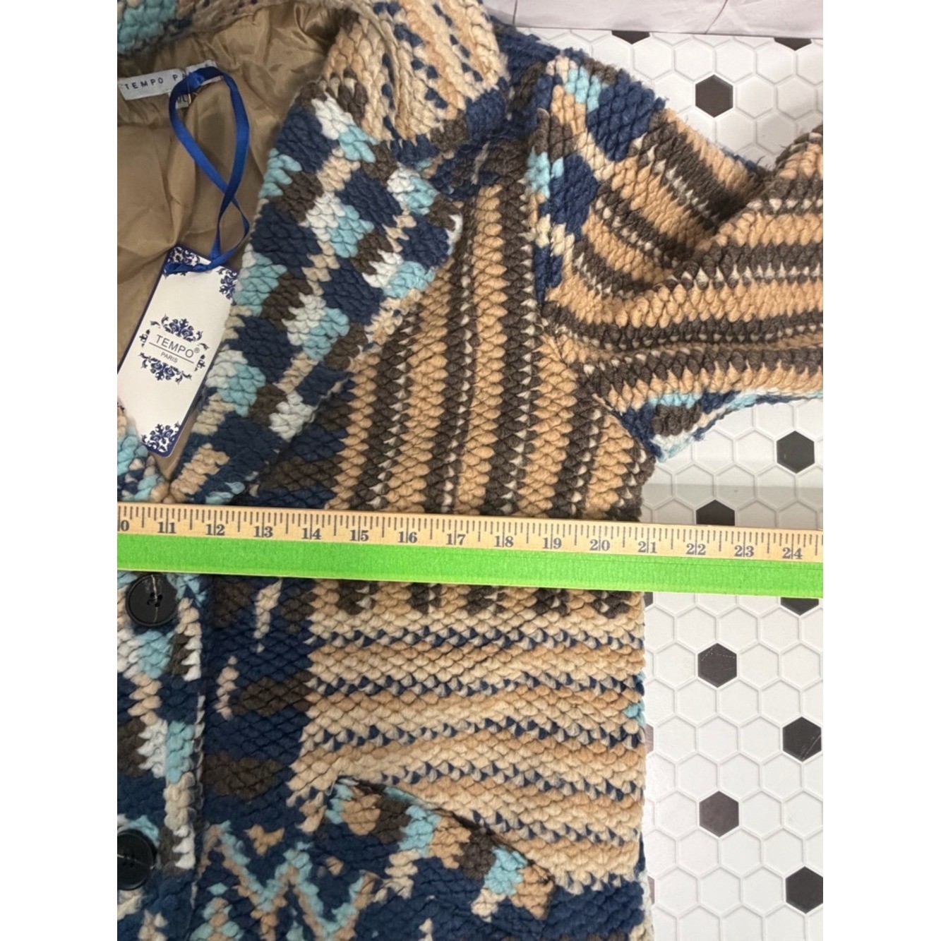 Tempo Paris Chunky Knit Patchwork Coat Neutral Blue Boho Aztec Jacket Sz Med/Lg