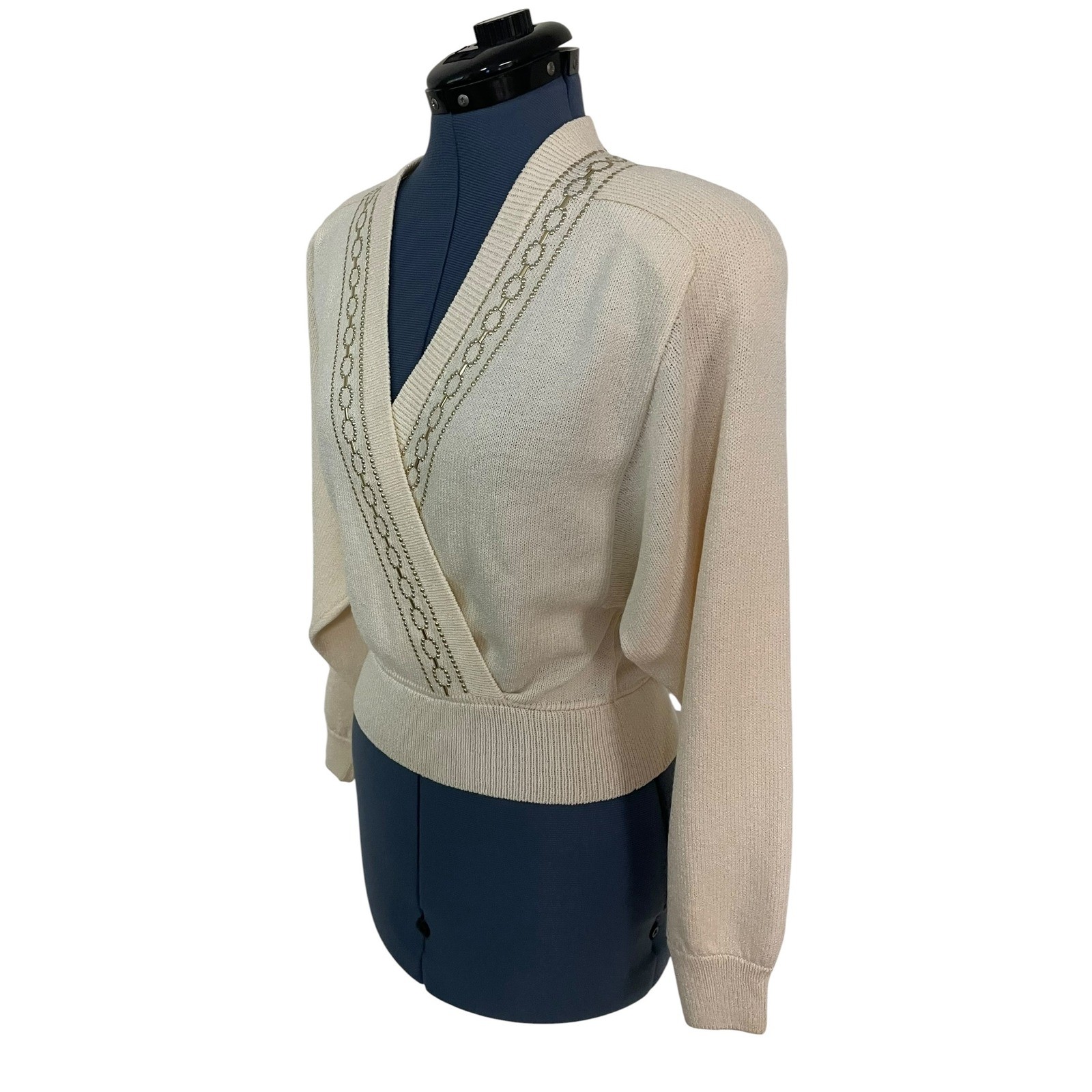 Vtg St. John Cream Beaded Faux Wrap Santana Knit Batwing Sleeve Sweater Retro M