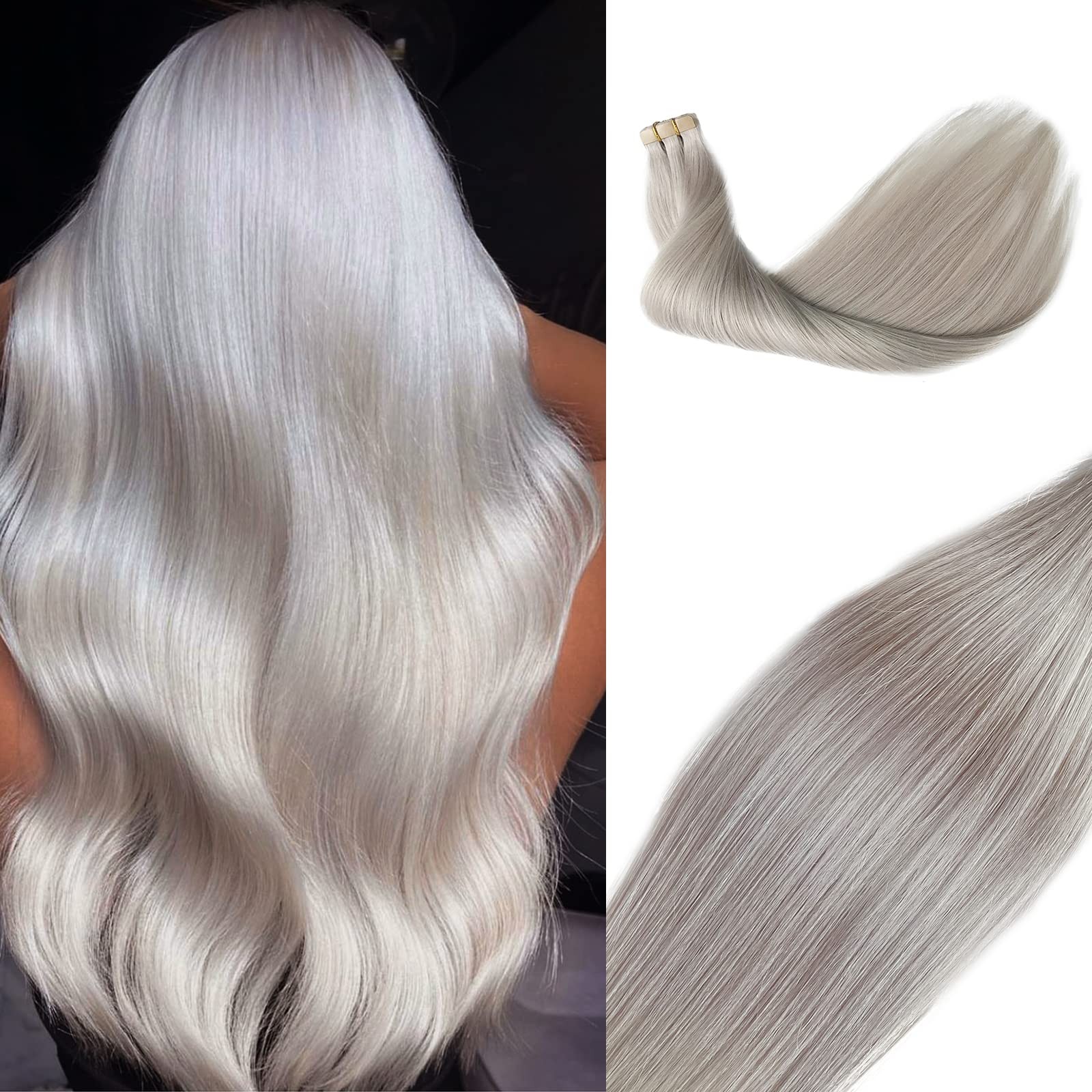 22″ Platinum Silver Tape-in Remy Human Hair Extensions 60g 20pcs Straight