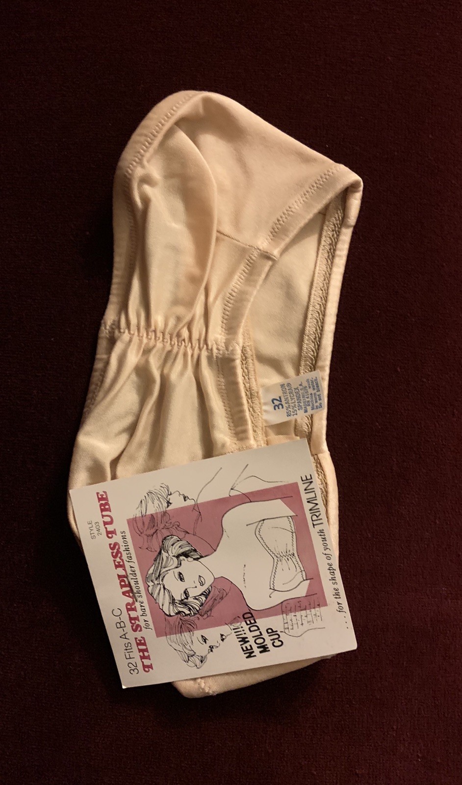Vintage Strapless Tube Bra Beige Nude Antron Spandex 1970s NEW Fits 32 A, B, & C