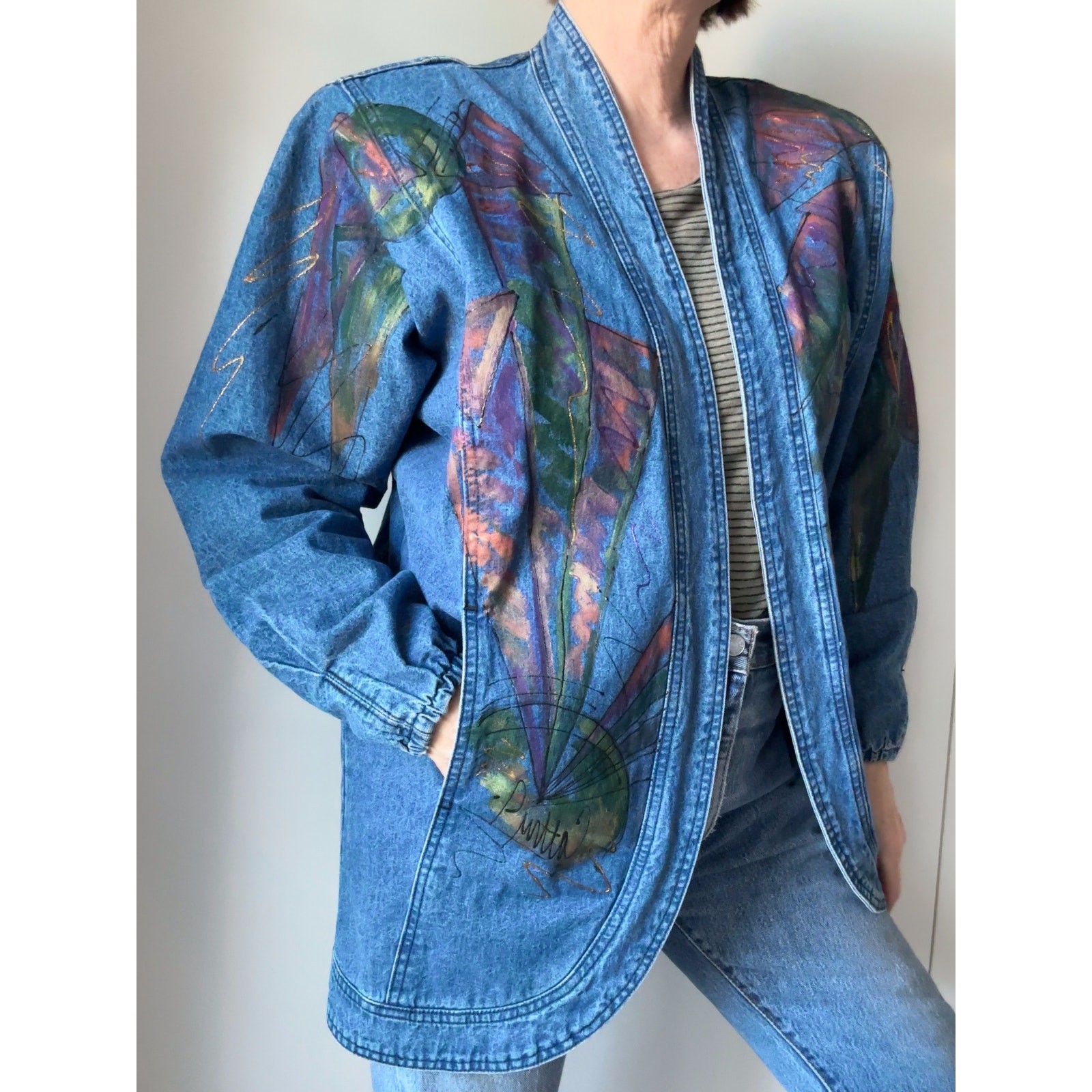 Vintage 80s Denim Jacket Size small Made USA Handpainted Retro Era Unique
