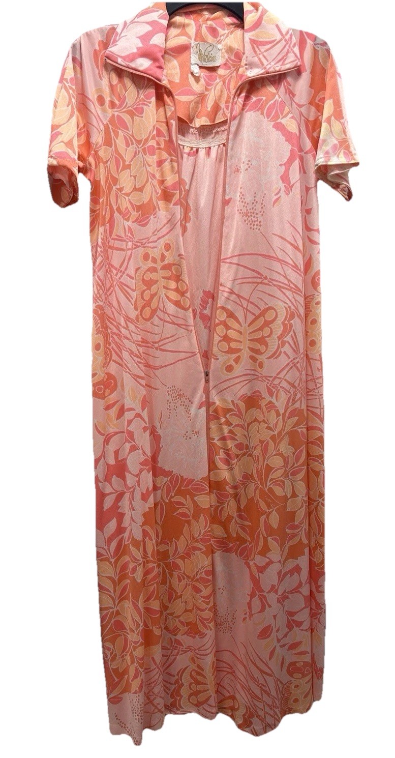 Vintage 70s Miss Elaine Mori Butterfly Floral Peignoir Set Nightgown Robe SZ SM