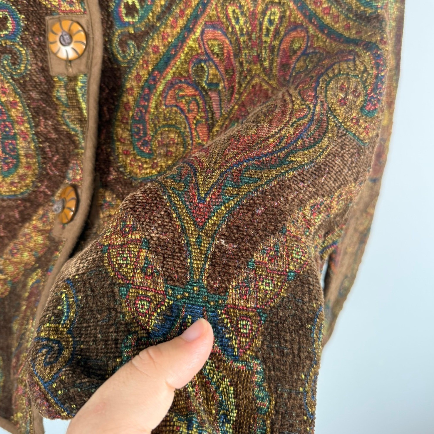 Flashback Vintage Tapestry Paisley Jacket Brown Boho Toggle Button Coat Large