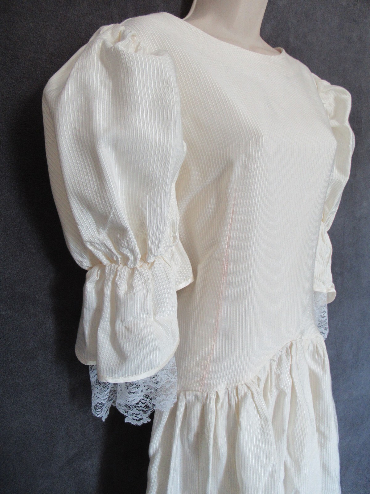 Vintage Ivory Stripe Lace Peasant Princess Bride Victorian Puff Sleeve Dress XL
