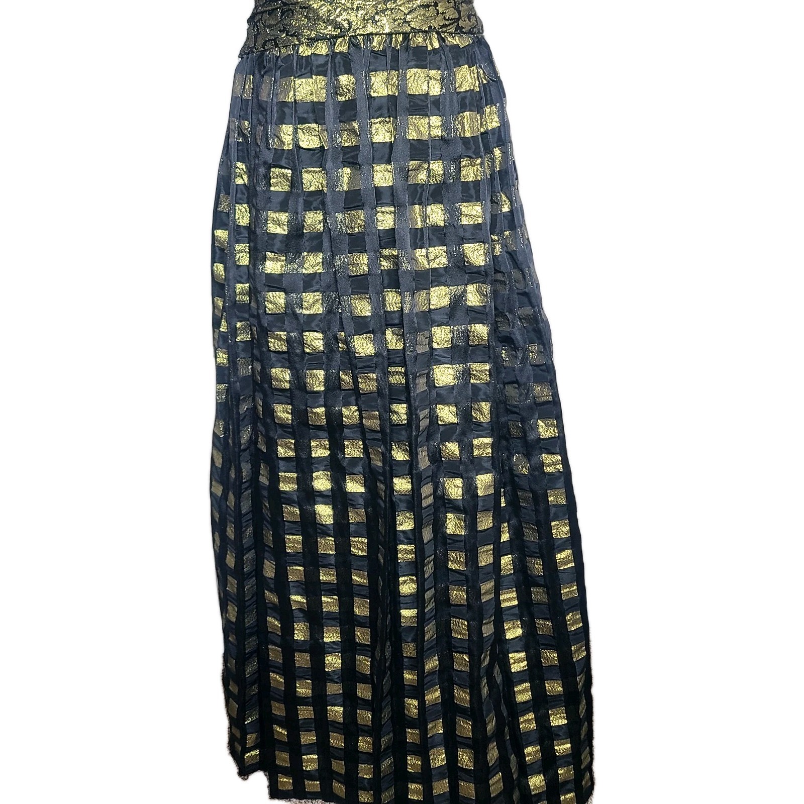 Vtg Eugene Alexander Black Gold Evening Formal Maxi Pleated Ruffle Top Dress 4