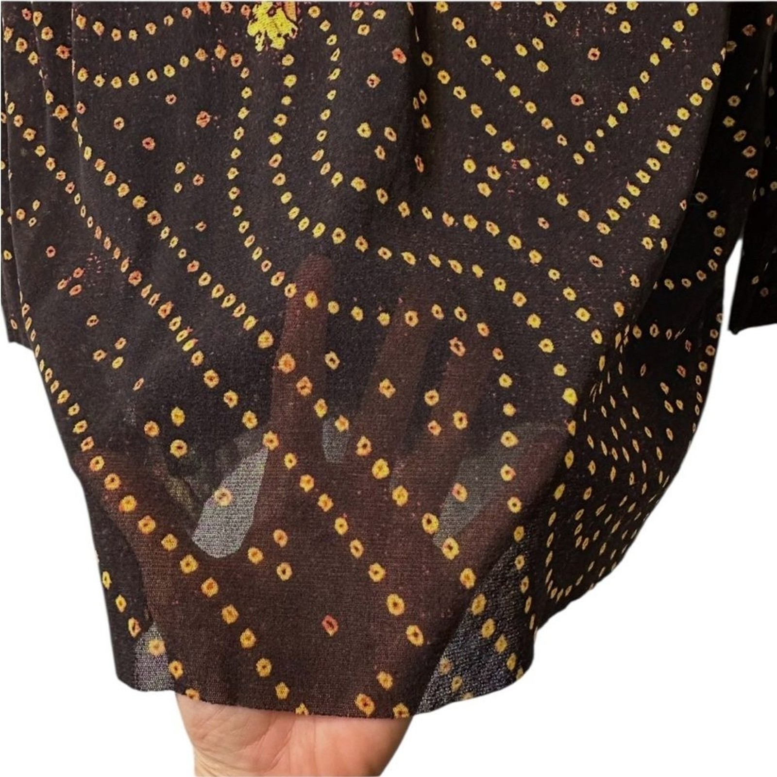 Vivienne Tam Vintage 1990s Black Yellow Floral Boho Print Stretch Mesh Top L XL