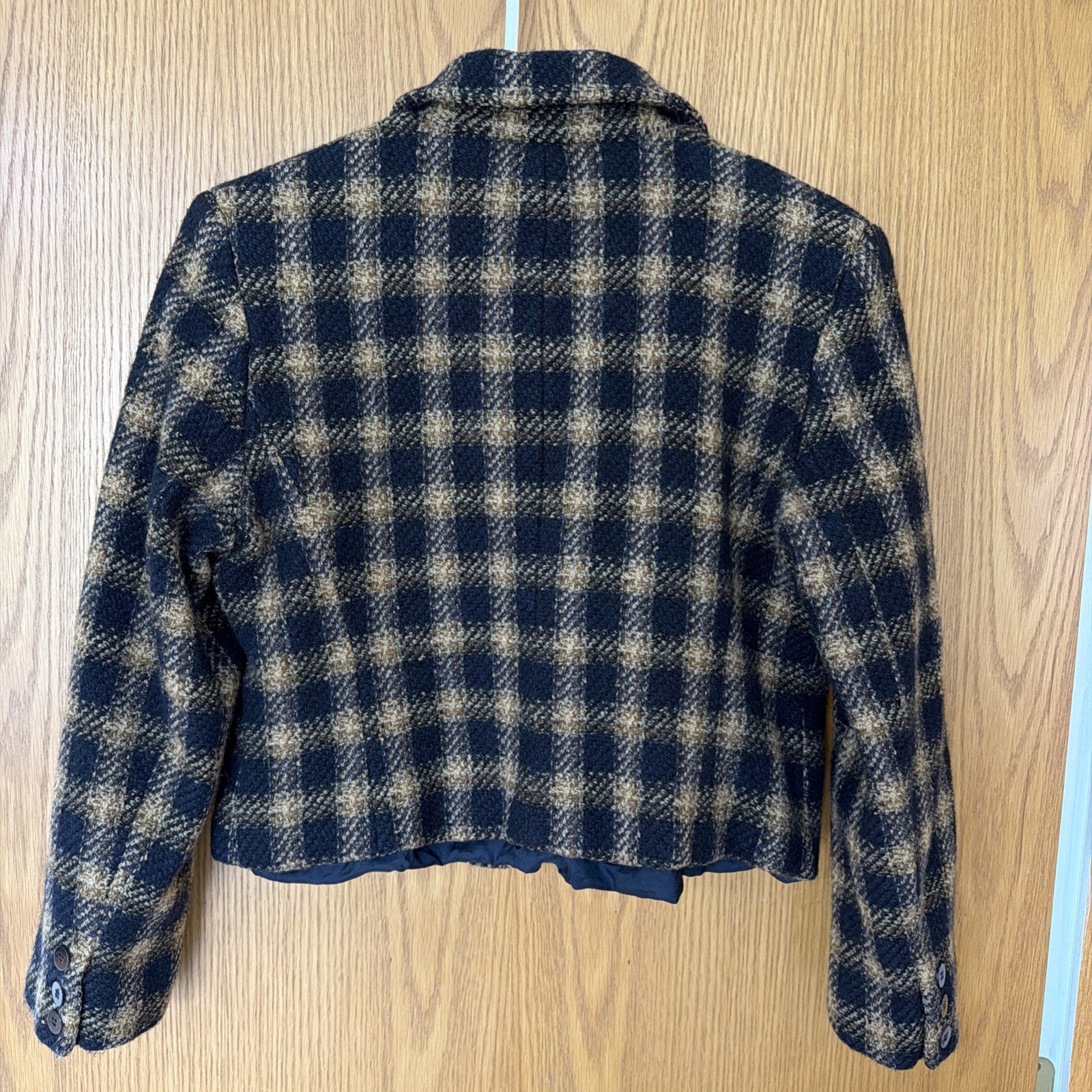 Vintage Rena Rowan Cropped Wool Blazer Jacket Women’s 12 Plaid Button Blue Brown