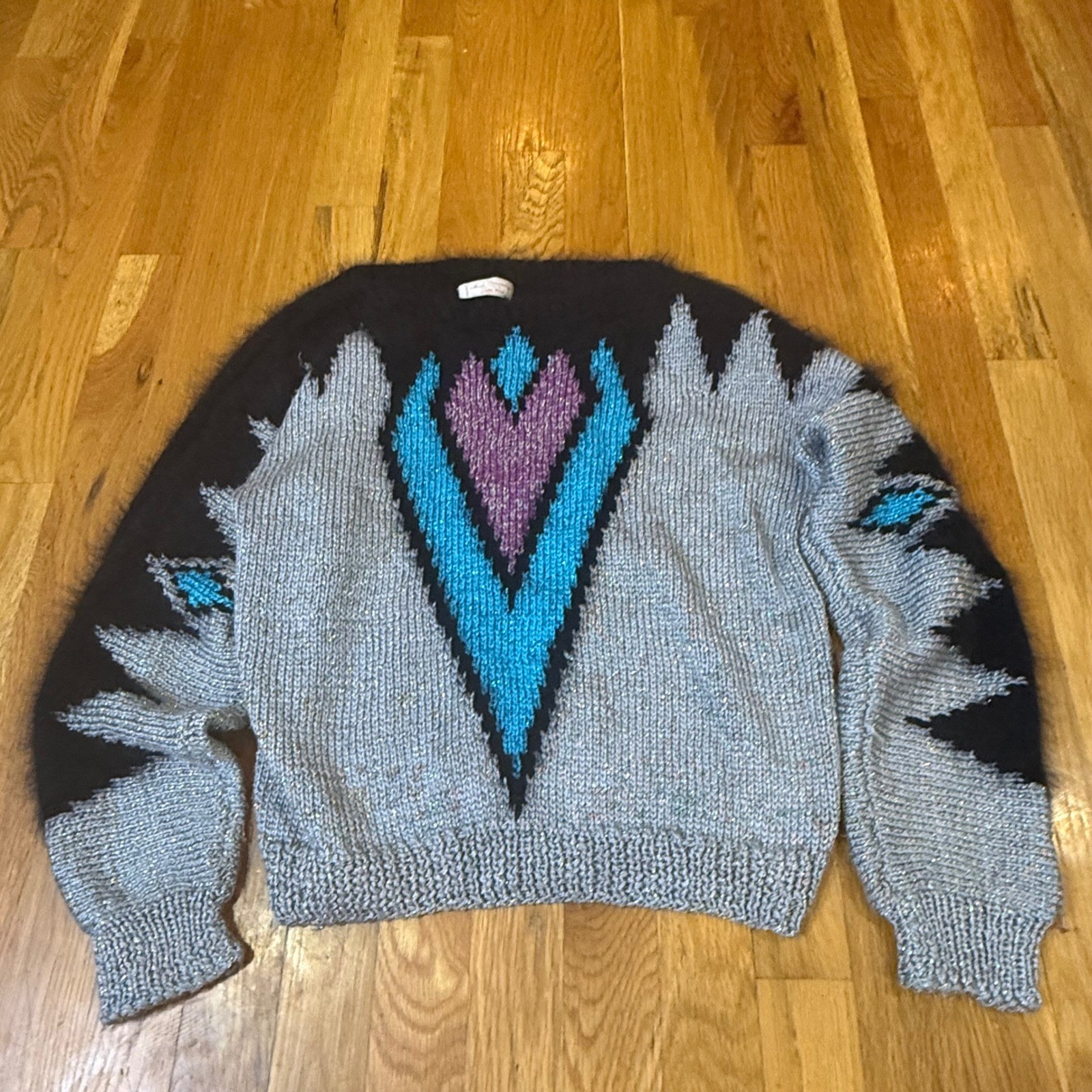 Louise Prior Vintage 80s Hand Knit Mohair Metallic Geometric Sweater Silver L