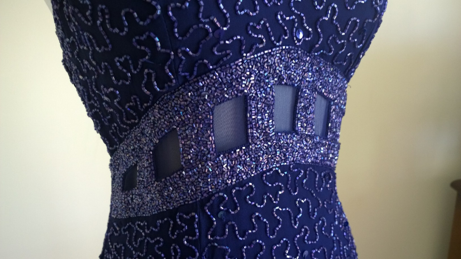 Vtg New Andretta Donatello Silk Beaded Formal Evening Gown Sexy Dark Blue Sz M