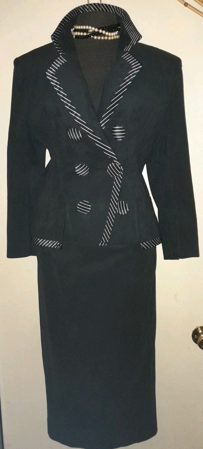 Vtg Ivy League Custom 80s 90s B&W Beetlejuice Faux Suede Velour Skirt Suit Set M