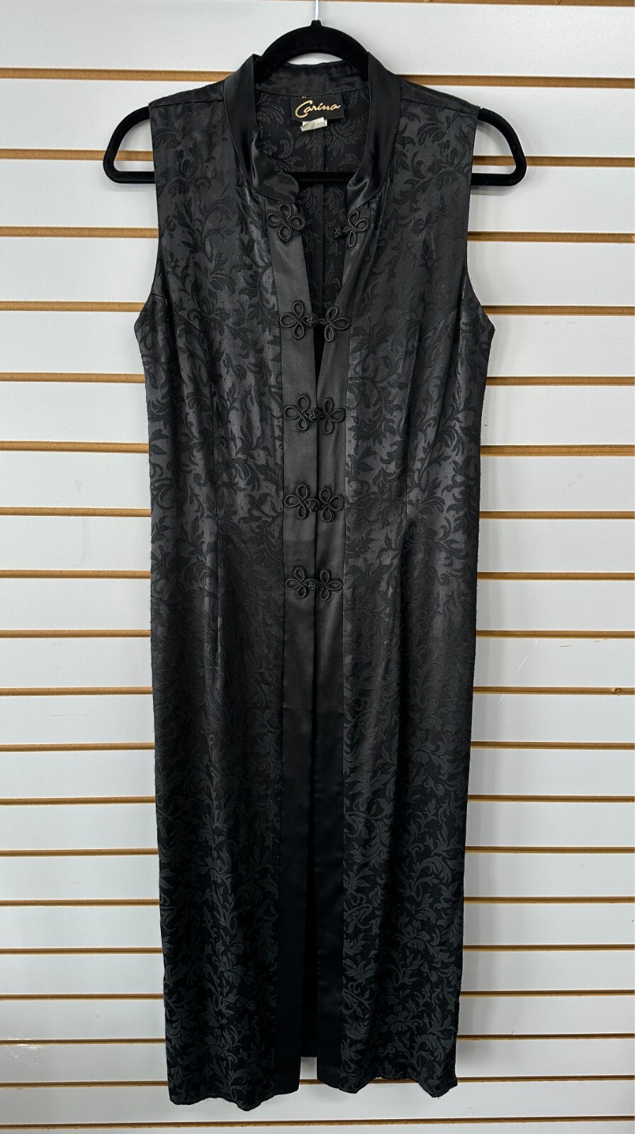 Vintage Carina Oriental Vest Size 12 Sleeveless Black Ornate Long Kimono Duster