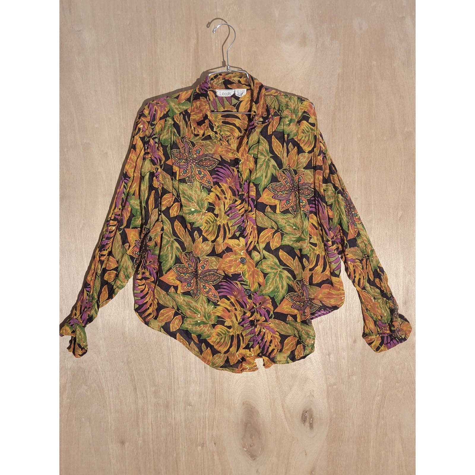 Leeds Womens Shirt 40/20W Floral Gold Button Up Tropical Metallic Accents VTG