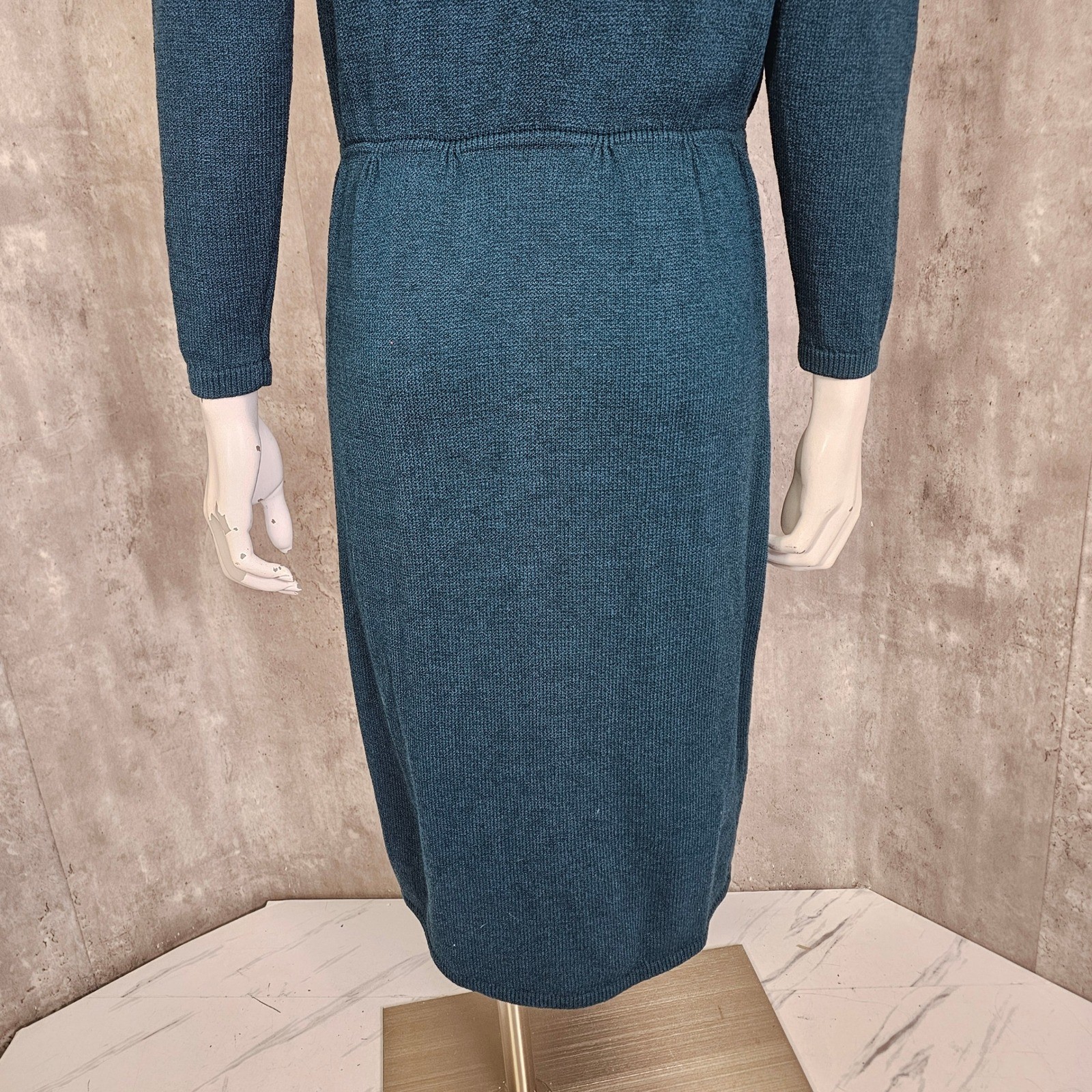 Vintage St John Marie Gray Knit Dress Teal Green Mock Neck 80s 90s FLAWED AS IS