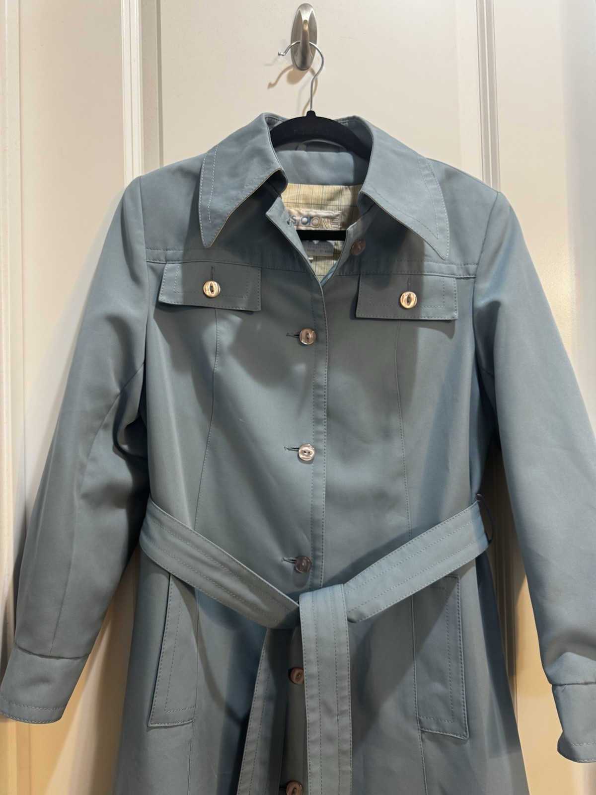 Vintage AstorOne Blue Woven Polyester Belted Trench Coat Size 12 Lined Pockets