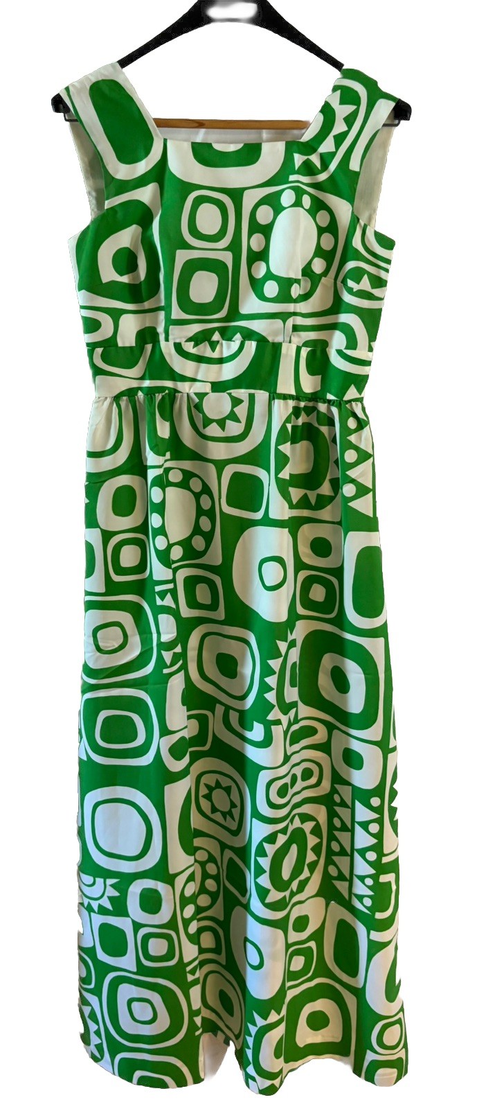 Vintage Hawaiian Liberty House Tiki Maxi Dress Medium Green Retro 60s