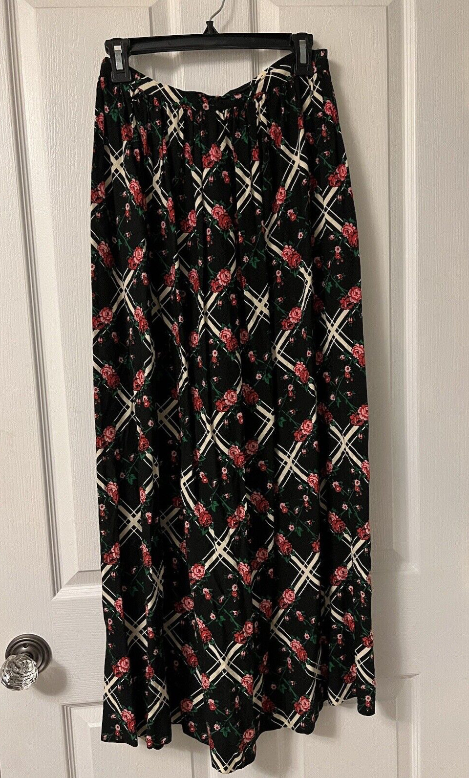 Vintage 70s Sz 12 Floral Black W/Pink Roses Maxi Skirt Boho Prairie L John Meyer