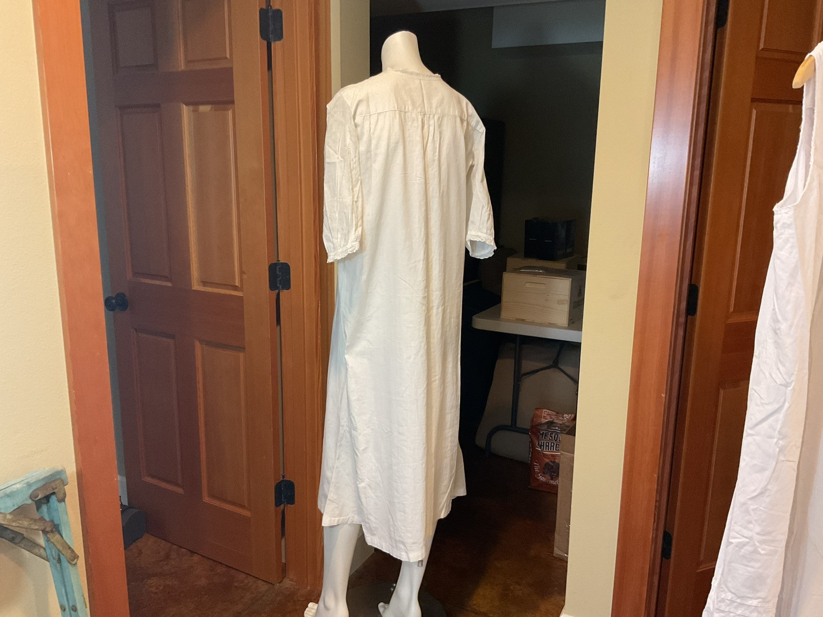 Antique cotton nightgown button front white cotton 3/4 sleeves Lace trim yoke