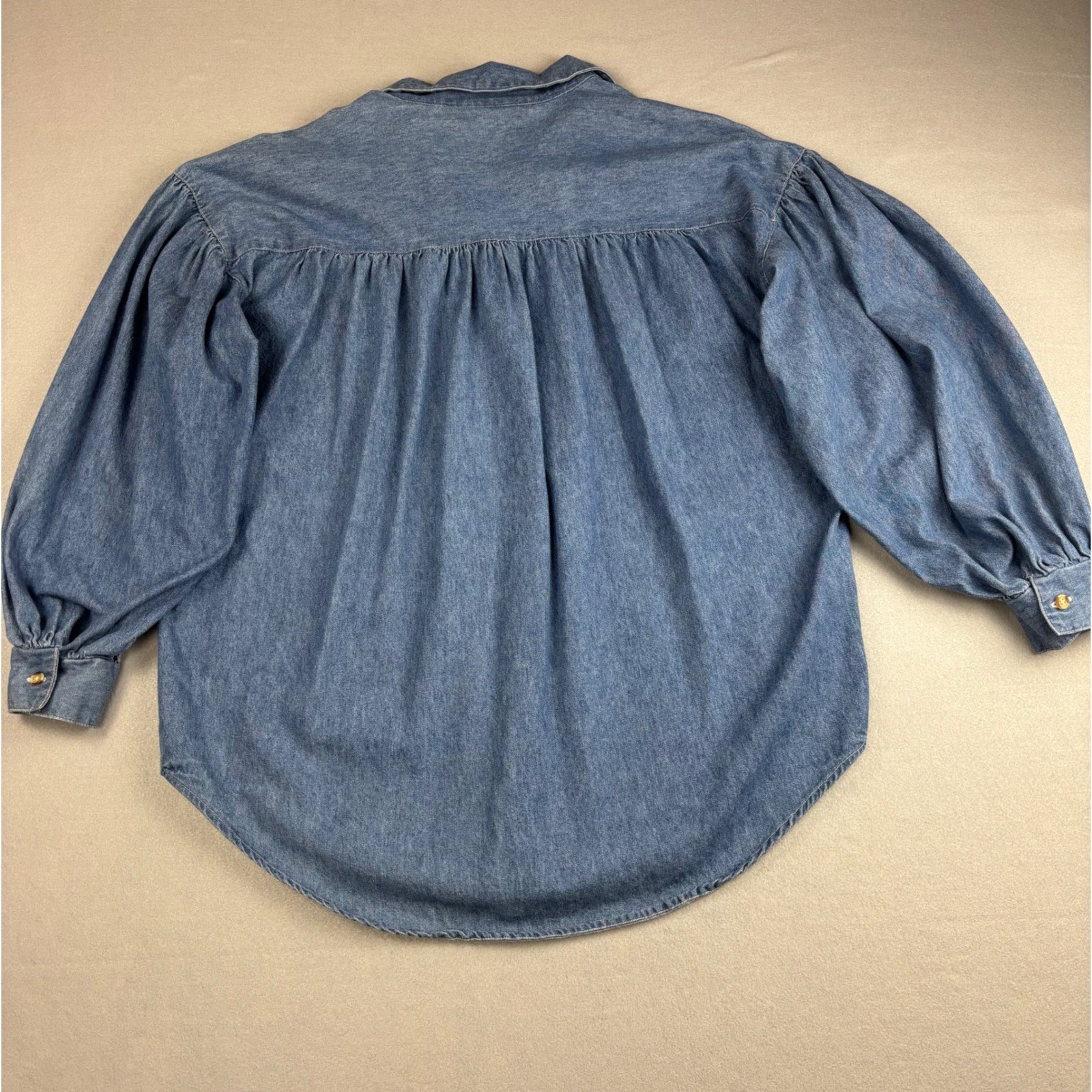 Vintage Bonjour Denim Button Down Shirt Medium Puff Sleeve Pleated Back
