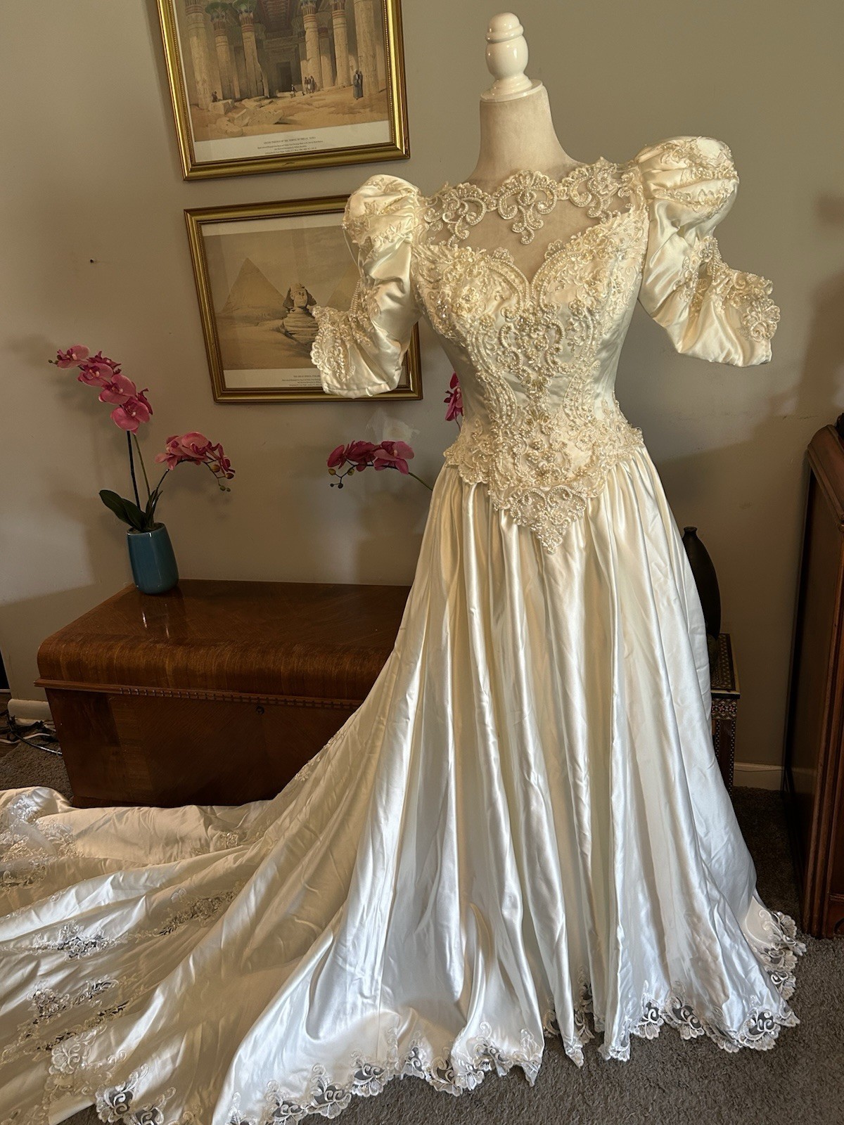 Vtg 80s Ivory Satin Beaded Bride Wedding Dress Short Sleeve Long Train Size 14