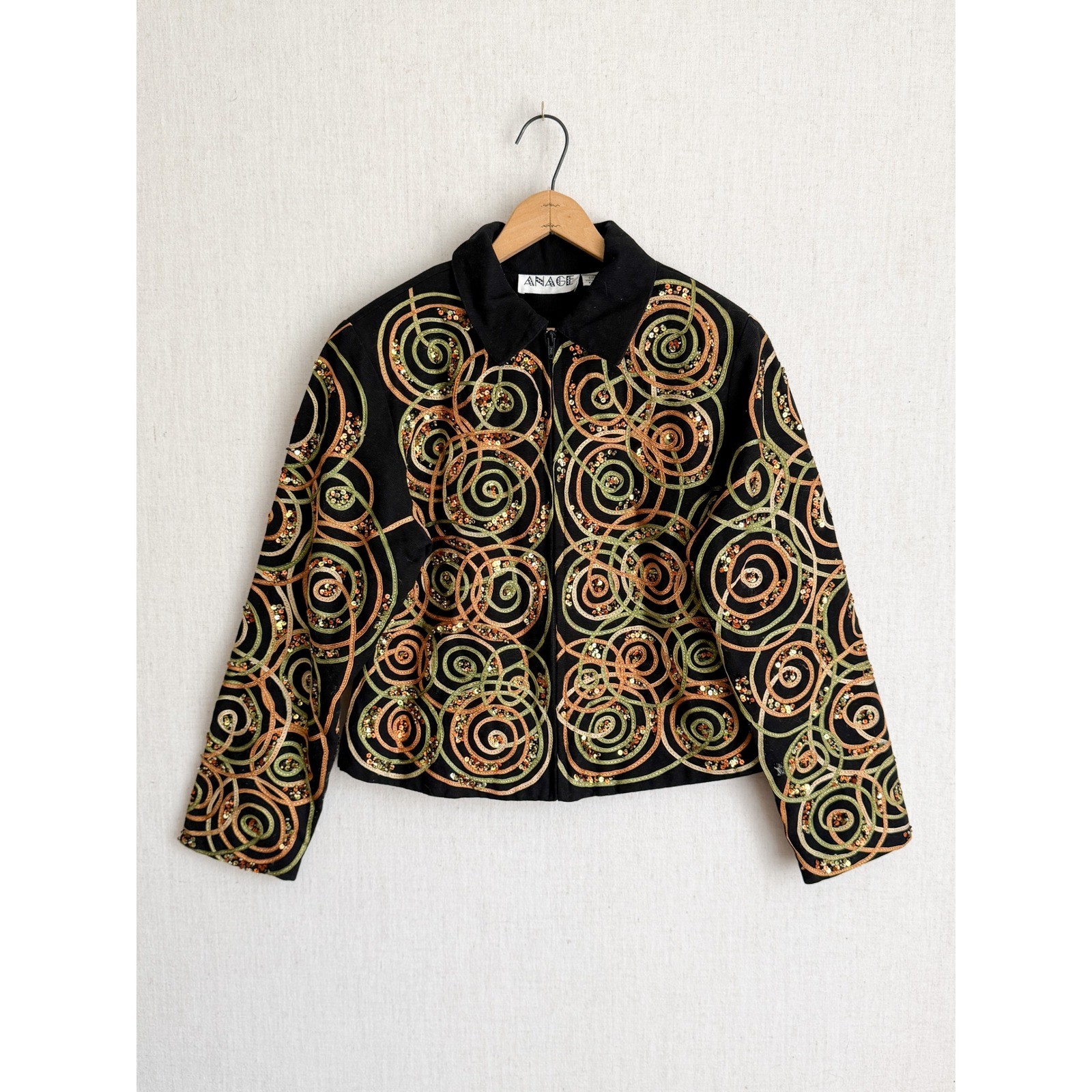 Anage Vintage Boho Embroidered Sequin Swirl Jacket Size M Black Wearable Art Zip