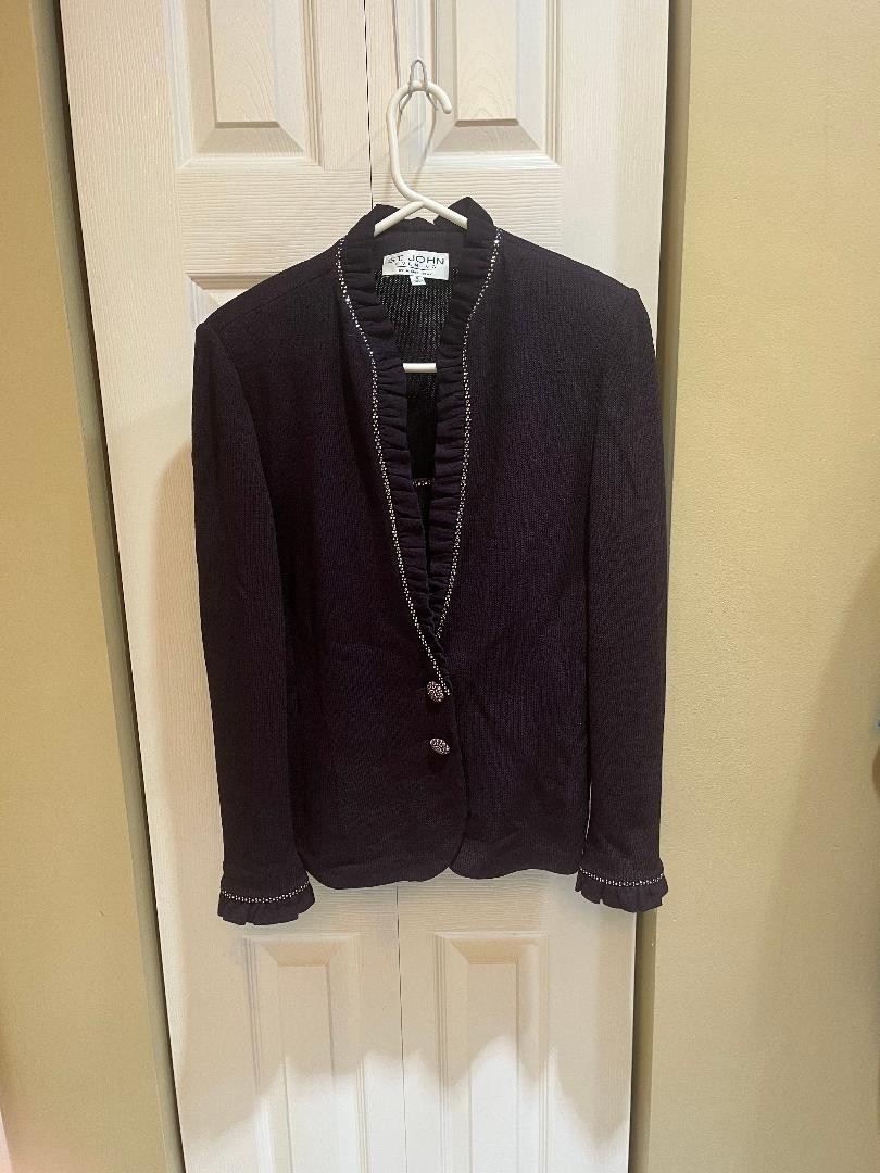 VINTAGE ST JOHN EVENING CARDIGAN WITH SKIRT BY MARIE GRAY VIOLET COLOR , SIZE 8