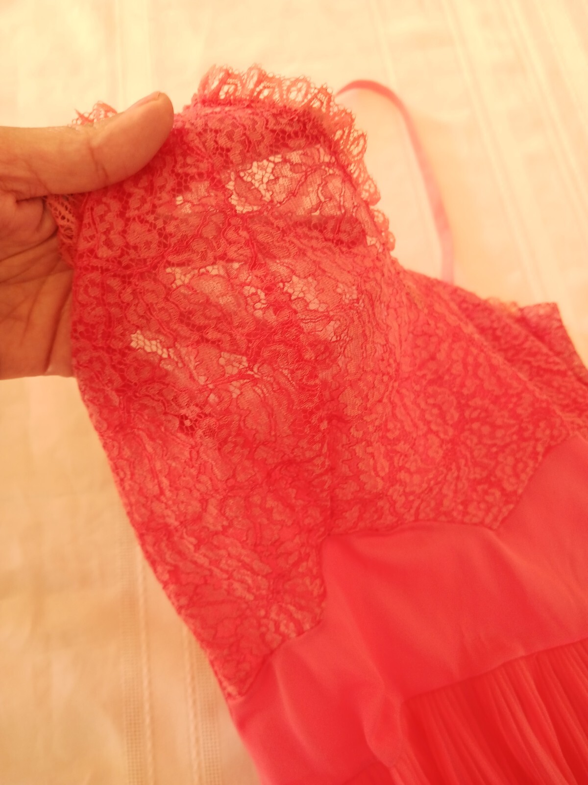 Vintage SEAMPRUFE Sz 34 Coral Pleat Lacy Chiffon Slip Lingerie Sexy Sheer Pinup