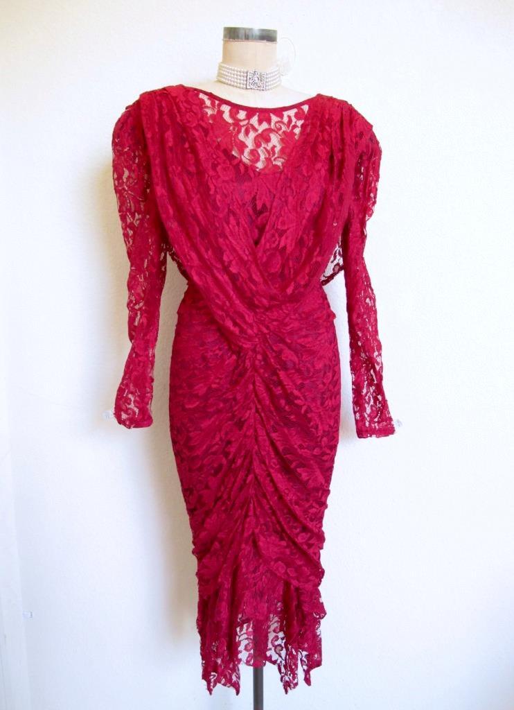 Vintage 80s Valentine Red Lace Draped Ruched Cocktail Dress XS Midi Retro Glam