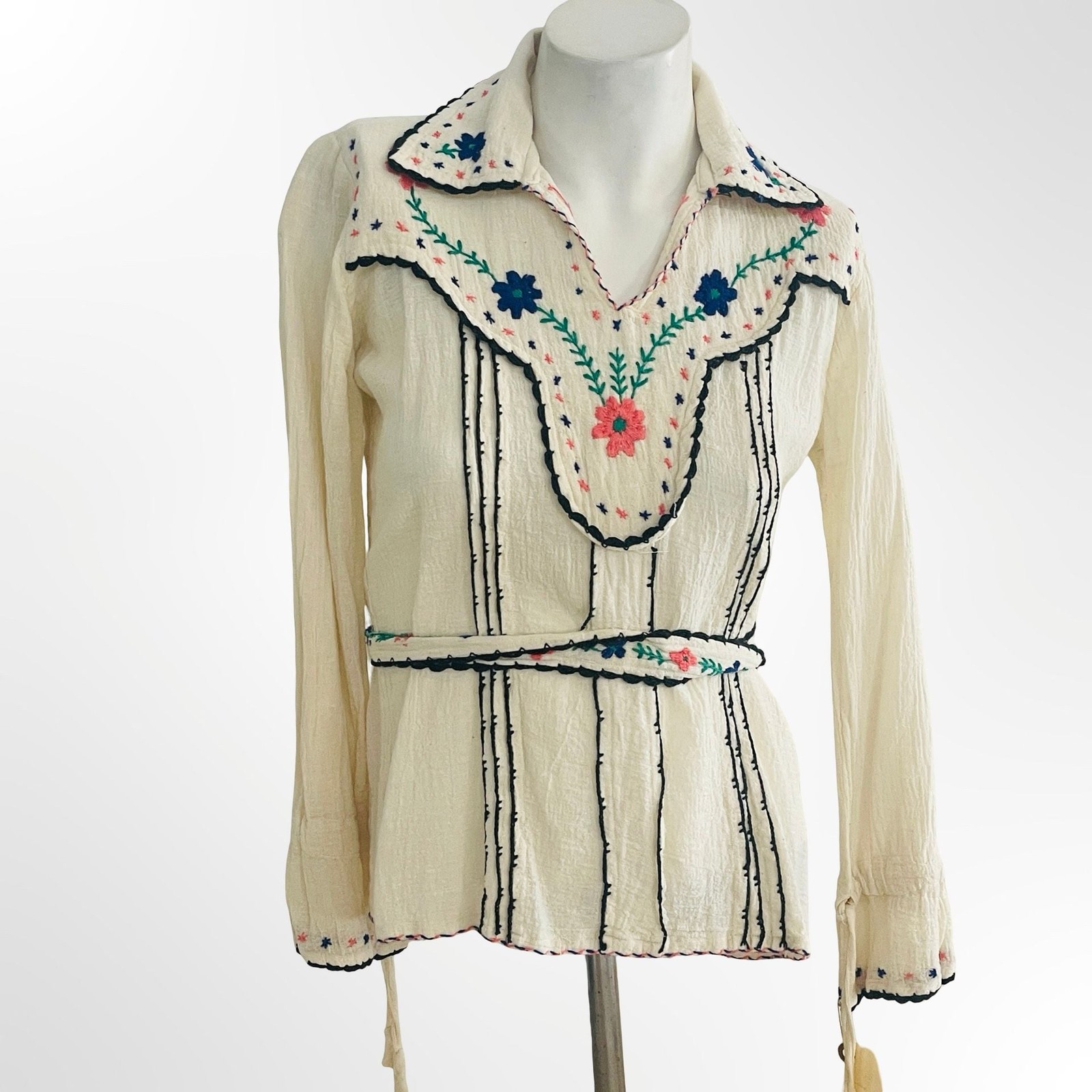 Vintage 1970s Indian Cotton Gauze Embroidered Blouse with Waist Tie