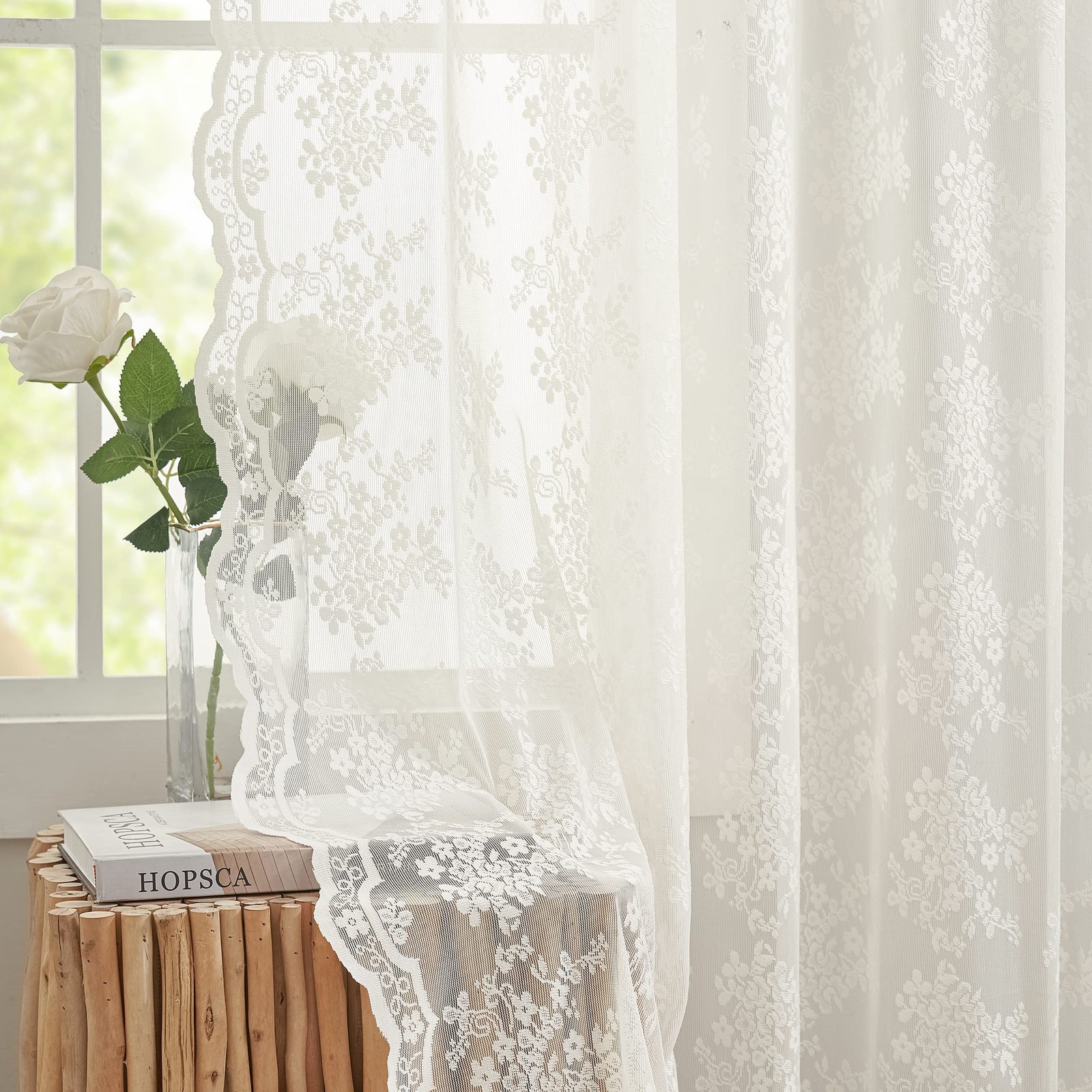 YJ YANJUN Vintage Lace Curtains 84 Inches Long-Victorian Floral Pattern Ivory…