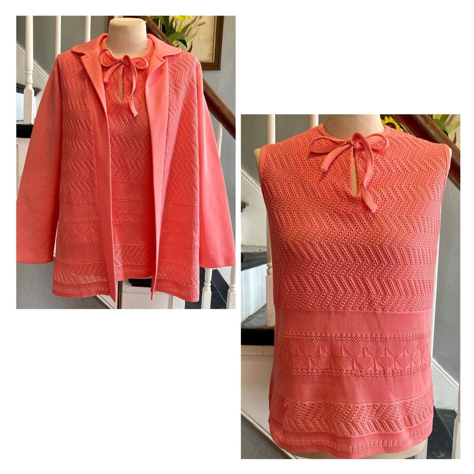 1970s Salmon Pink Coral Crochet Polyester Twinset Shell Jacket Mod Disco Spring