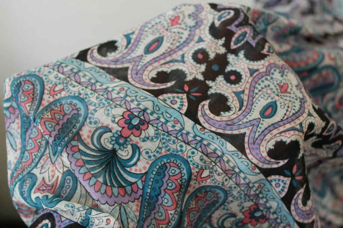 Vintage 60s 1960s Blue Paisley Cotton Voile Avalon Shirt Dress Patio Dress S/M